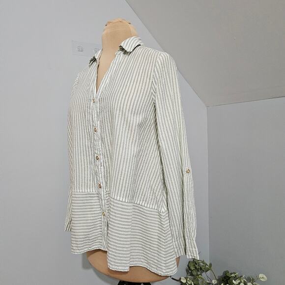 Jones New York Signature Top Green White Gold Metallic Striped Button Front S - Picture 4 of 12
